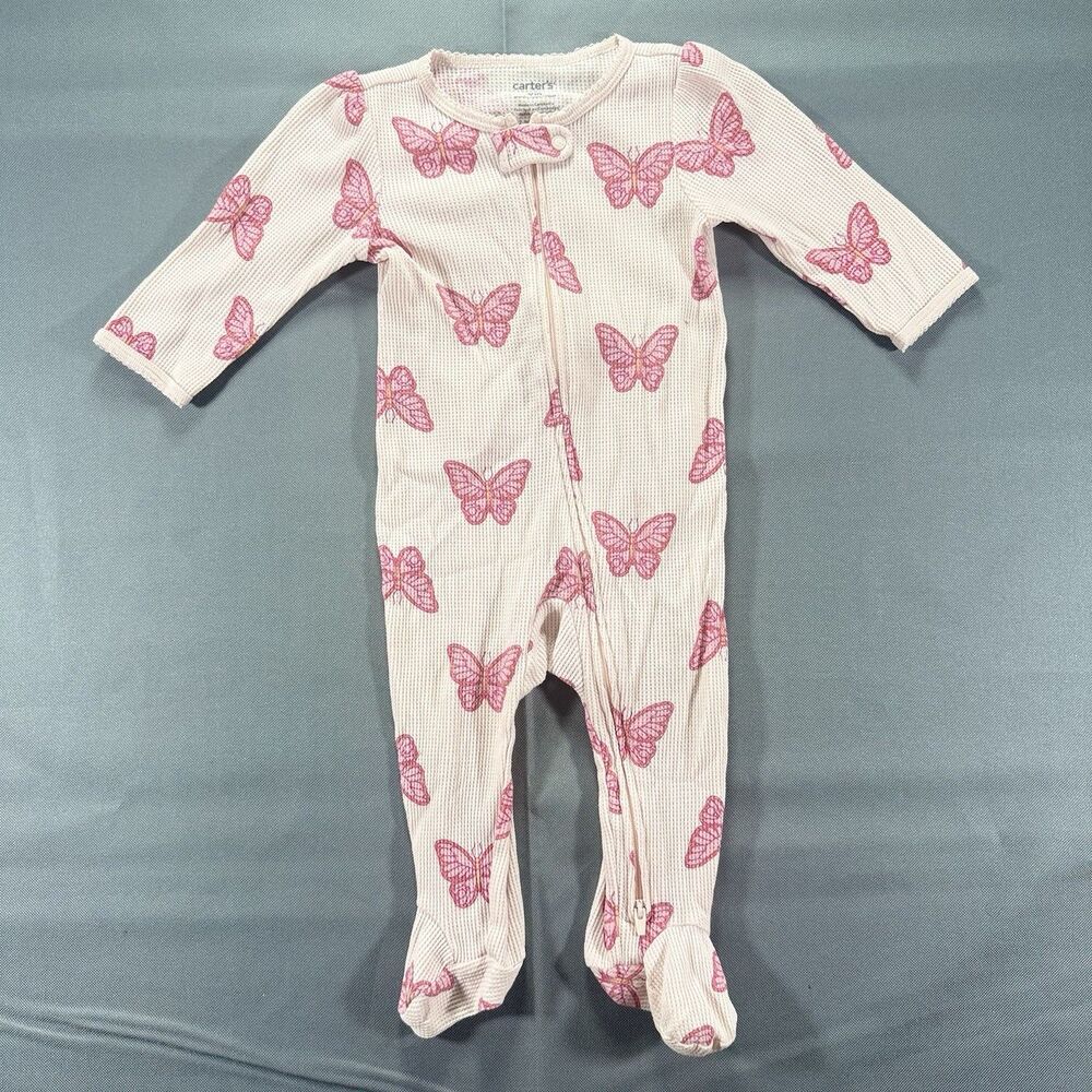 Carters Baby Girls Pink Footed Butterfly One Piece 2 Way Zipper Size 9 Months